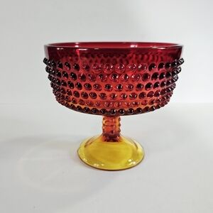 Vintage Fenton Amberina Art Glass Cadmium Selenium Hobnail Pedestal Compote Dish